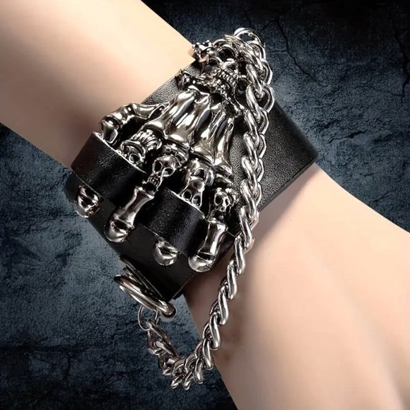 Cuff bracelet Skull & Bone Leather Hand Chain Wrist Bangle Goth Edgy Rock Biker - Picture 3 of 6